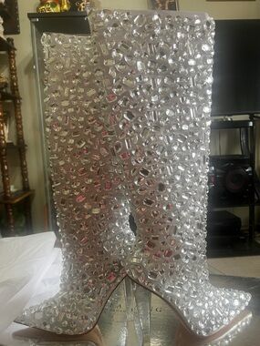 Brand New Crystal-Studded Silver Knee-High Boots